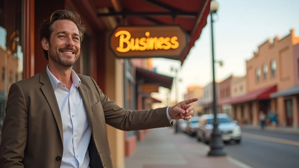 Professional local Albuquerque business owner outside business sign on bustling street, Google Business Profile Optimization Albuquerque