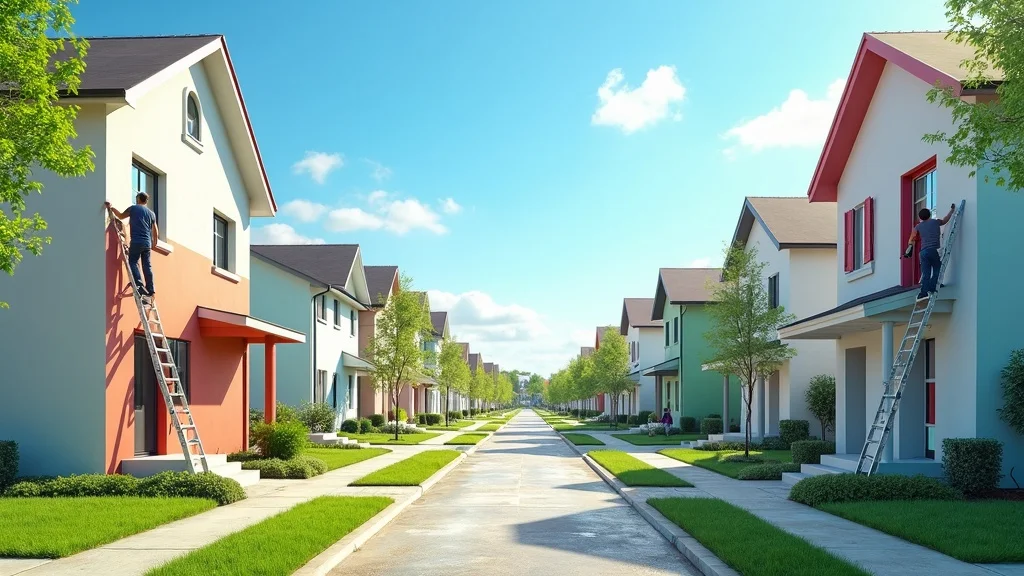 Modern residential street with houses being painted, illustrating strong market demand and search engine growth for painting businesses