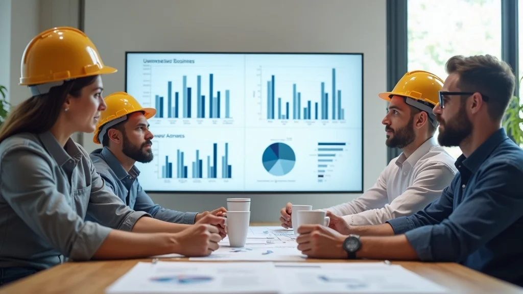 Contractor team collaboratively optimizing Google Business Profile on large monitor with digital charts and profile sections in bright office.