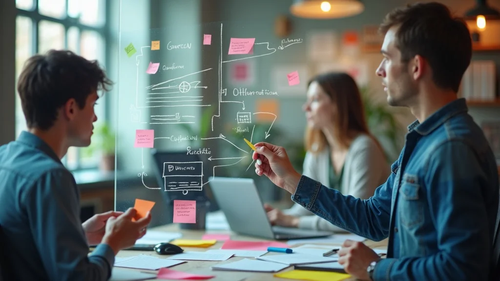 marketing manager converting blog post into social and video content on glass board in a collaborative think-tank