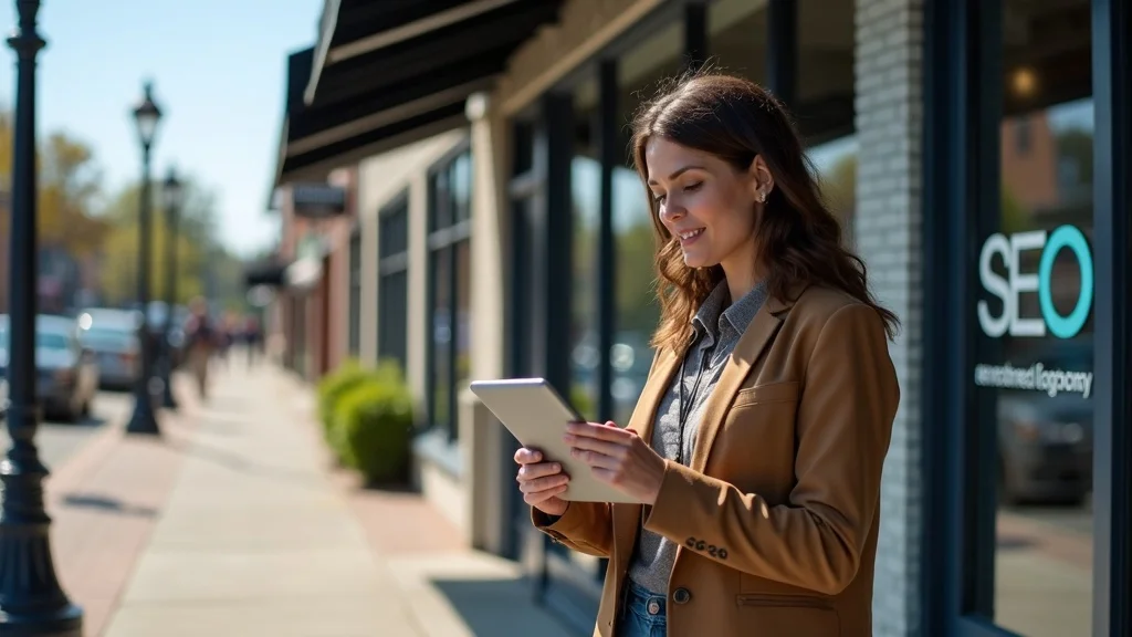 Modern small business storefront in St Charles showing vibrant activity and digital analytics, illustrating effective local SEO St Charles strategies.