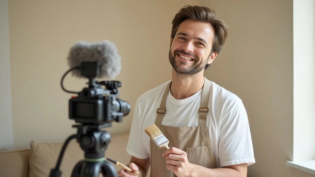 painter filming a customer testimonial video in a freshly painted living room