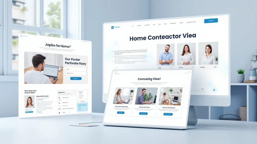 Modern home contractor website interface with organized service pages, contact forms, clear navigation, and call-to-action button in a renovation setting