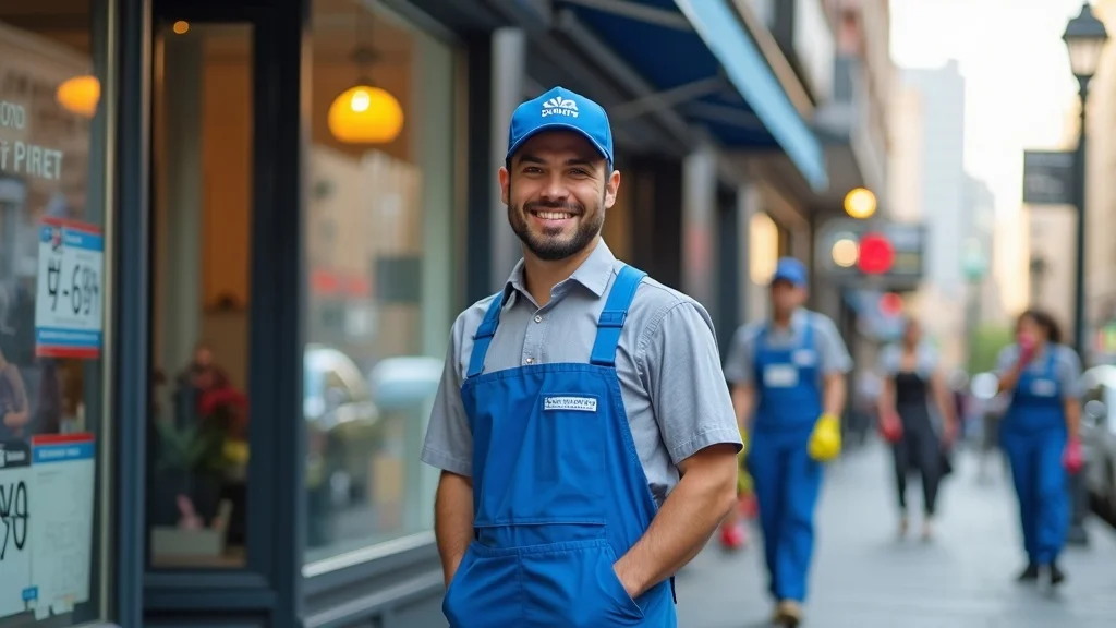 Google Business Profile Optimization for cleaning services – professional window cleaner outside urban storefront, clean reflections, branded uniform