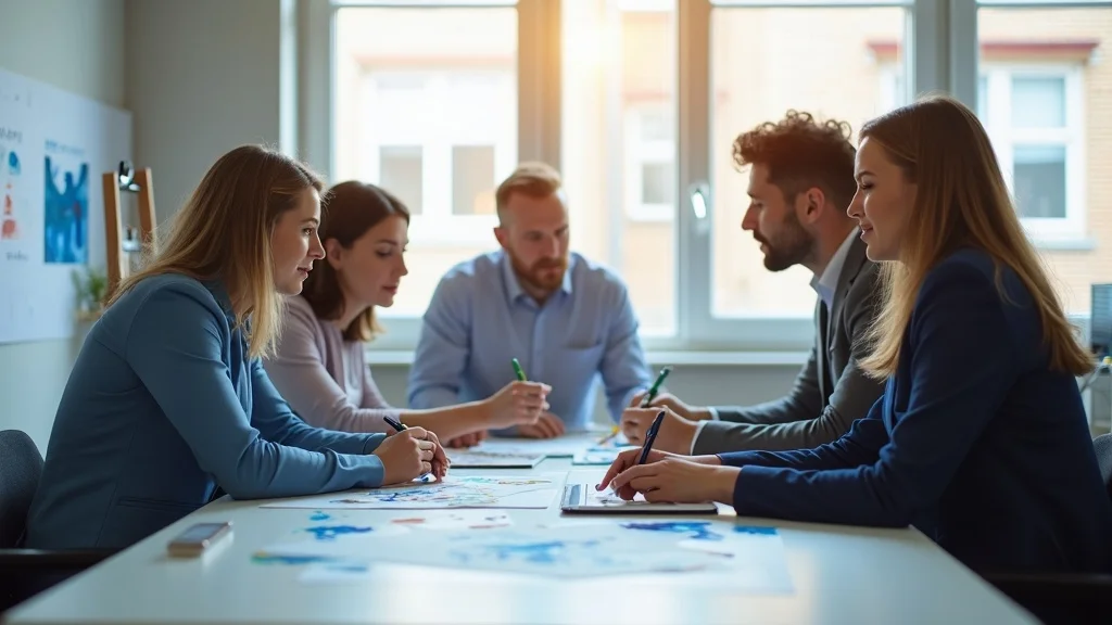 Modern painting business team discussing content marketing for painting businesses in a bright office with technical equipment and strategy papers on the table. Natural daylight, professional focus, crisp detail.