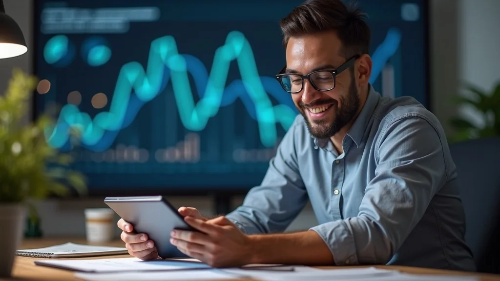 Contractor reviewing Google Business Profile analytics dashboard on tablet with charts, desk paperwork, and branded mug.