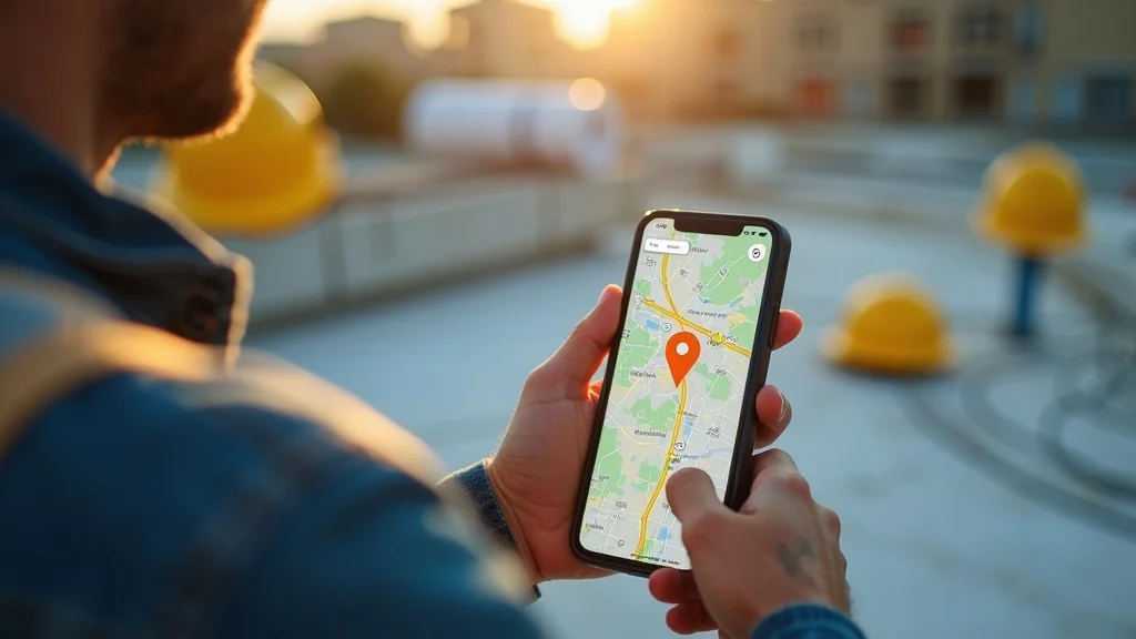 Contractor checking Google Business Profile on phone at construction site with safety gear, blueprints, and digital map highlights.