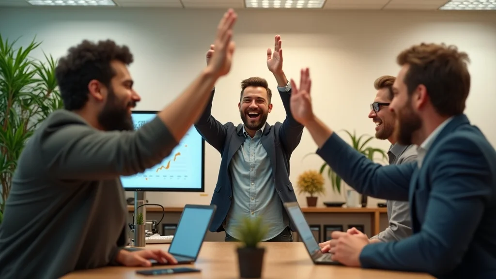 Victorious Albuquerque contractor team celebrating successful marketing outcomes, digital analytics showing booked job growth