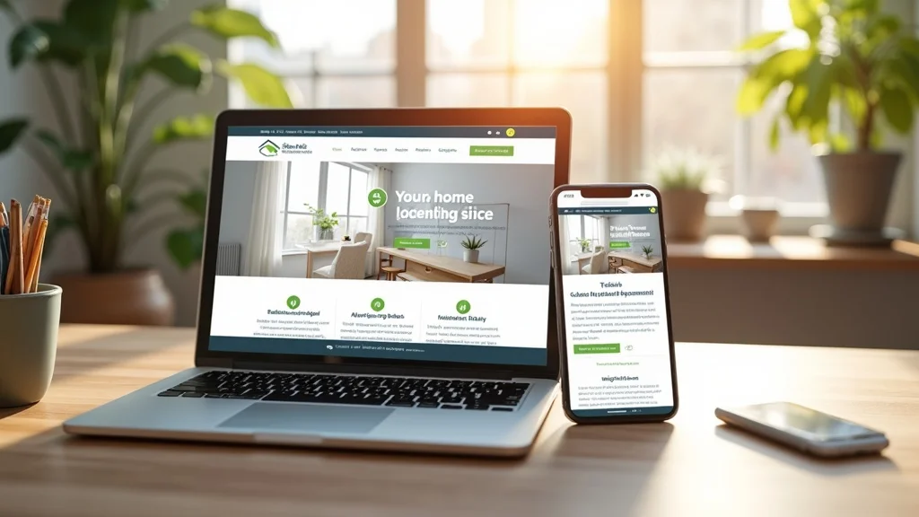 Clean modern home service company website open on laptop and smartphone, showing homepage and testimonials — content marketing foundation