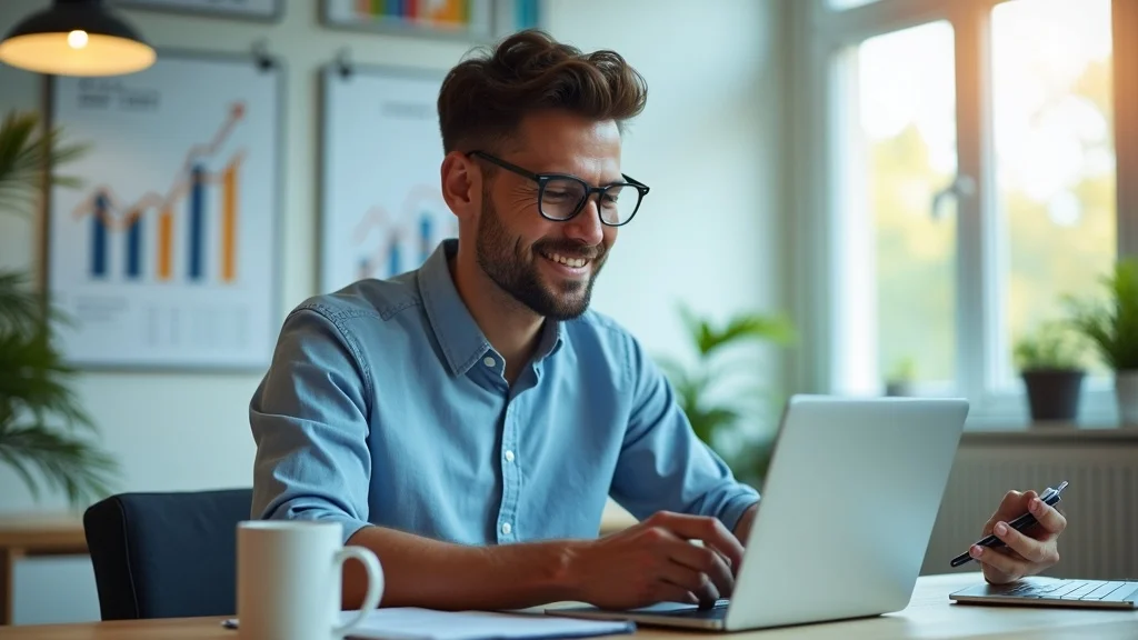 small business owner reviewing content marketing analytics on digital devices in a bright, professional workspace with marketing posters and digital graphs
