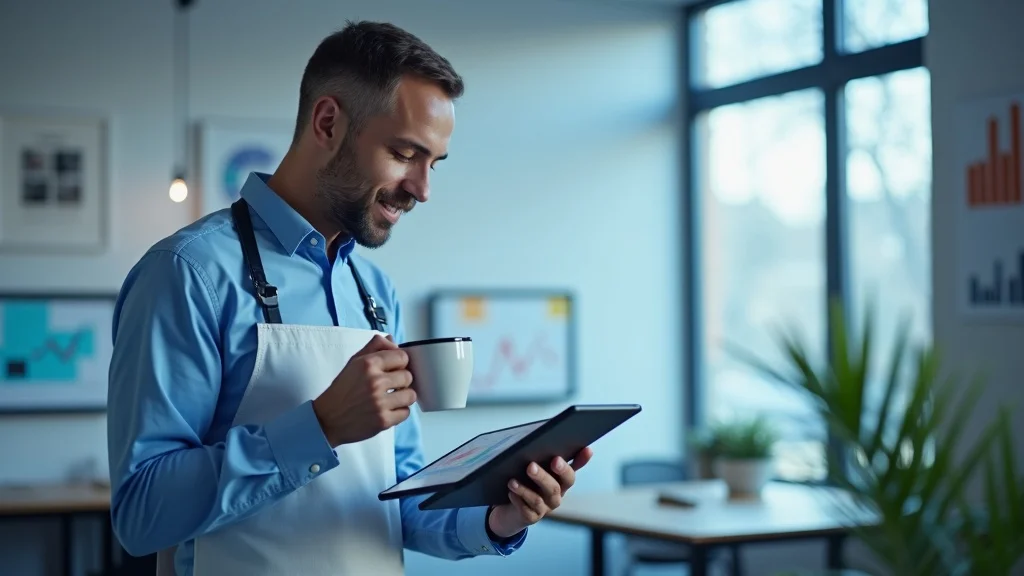 Cleaner checking tablet with marketing dashboard and growth stats – tracking content marketing ROI for cleaning businesses