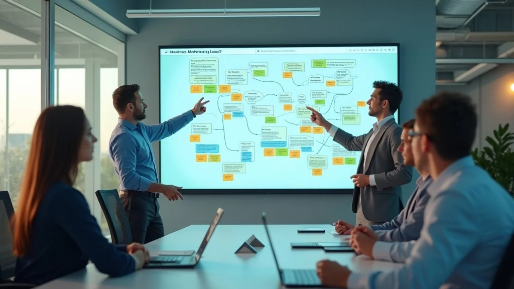 Collaborative marketing team mapping content strategy on digital whiteboard in a St. Louis office.