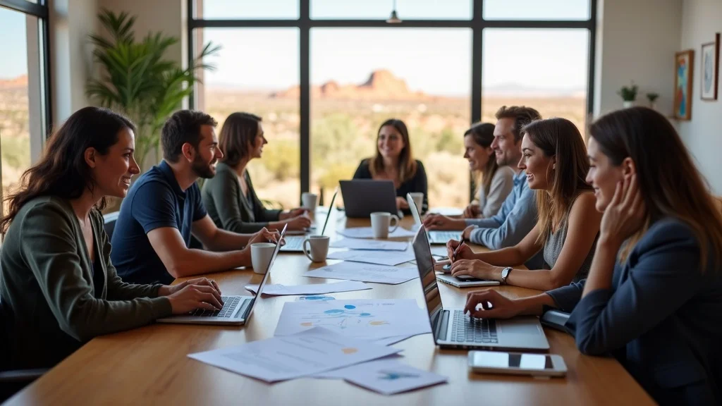 Strategic content marketing planning session for Albuquerque contractors, diverse group planning marketing strategies, New Mexico landscape background