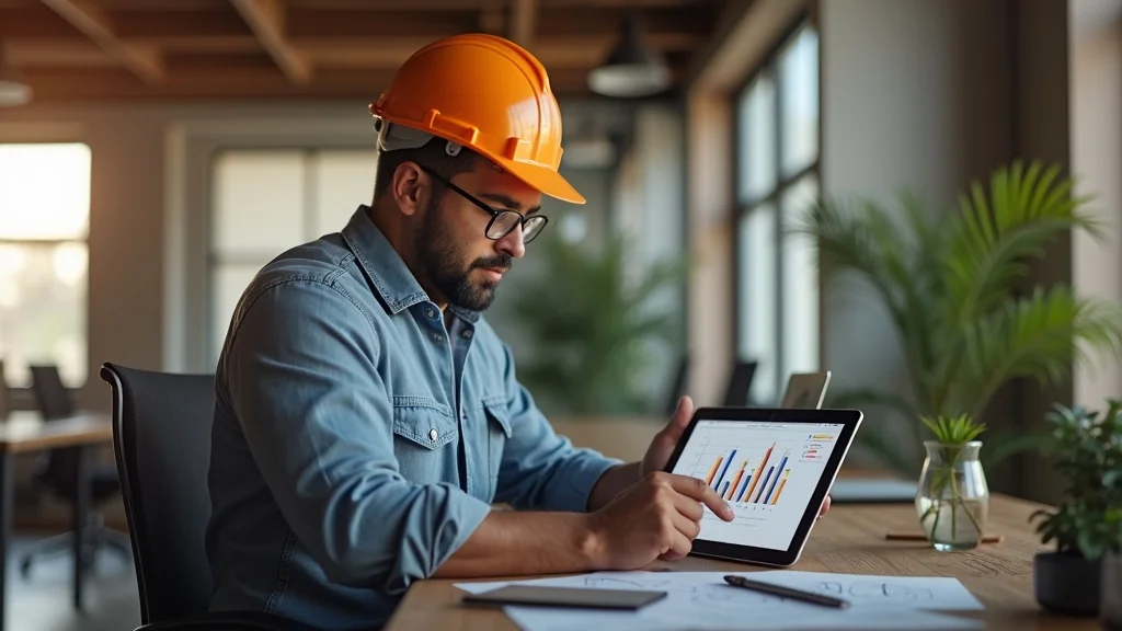 Modern contractor workspace using content marketing services Albuquerque, reviewing digital marketing dashboard, sunlit Albuquerque office