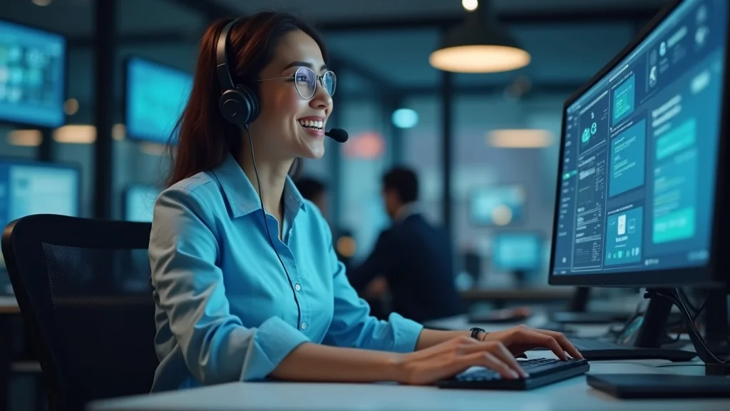 customer support specialist quickly responding to lead inquiry with digital dashboards and headset