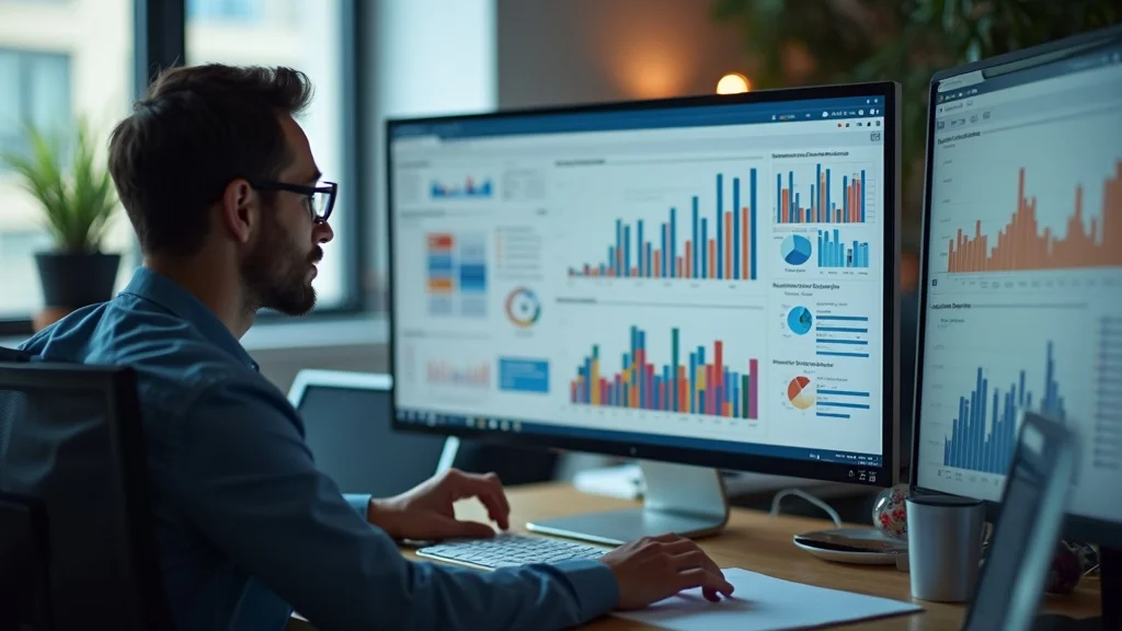 Busy project manager reviewing digital marketing dashboard with KPIs for painting contractor lead generation and conversion. Colorful charts, crisp daylight, and high attention to detail.