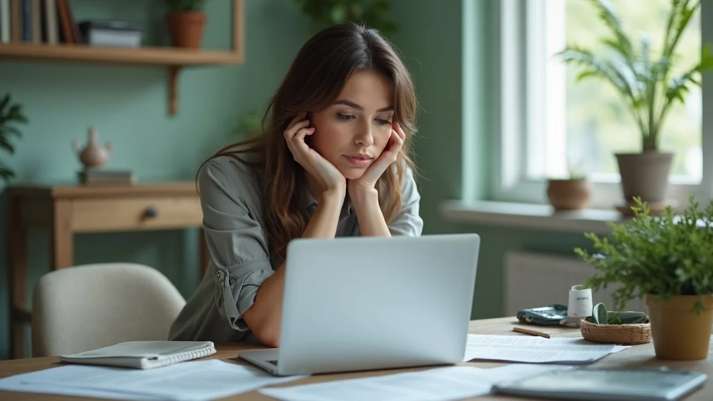 Cleaning business owner looks overwhelmed by scattered marketing materials and a laptop – content marketing struggles in cleaning businesses