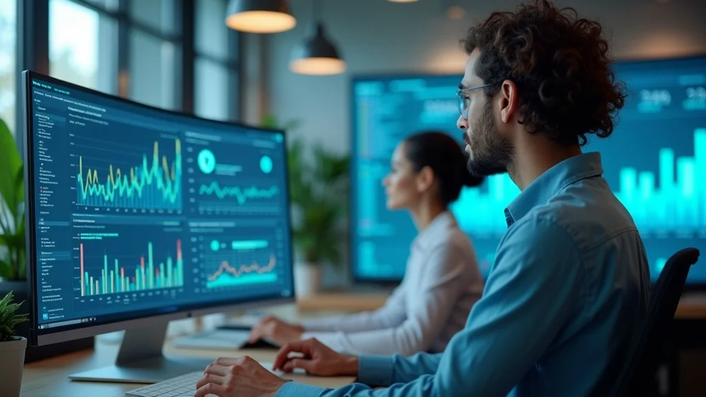 AI marketing automation dashboard for small business owners in a contemporary office setting