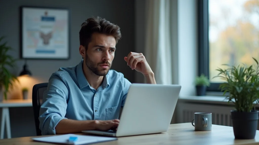 Worried St. Louis small business owner reviewing Google Business Profile on laptop - local seo audit scene