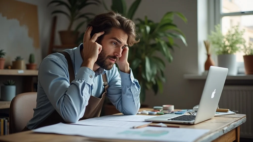 Professional painter looking frustrated in a home office with Google Business Profile Optimization materials and painter tools