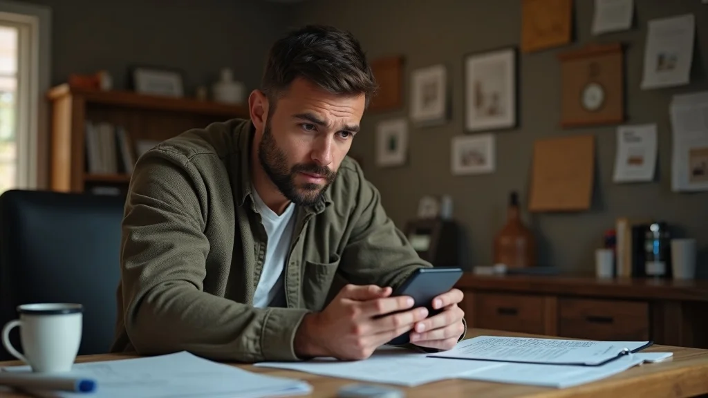 Frustrated home contractor checking mobile device for missed lead notifications in a cluttered home office