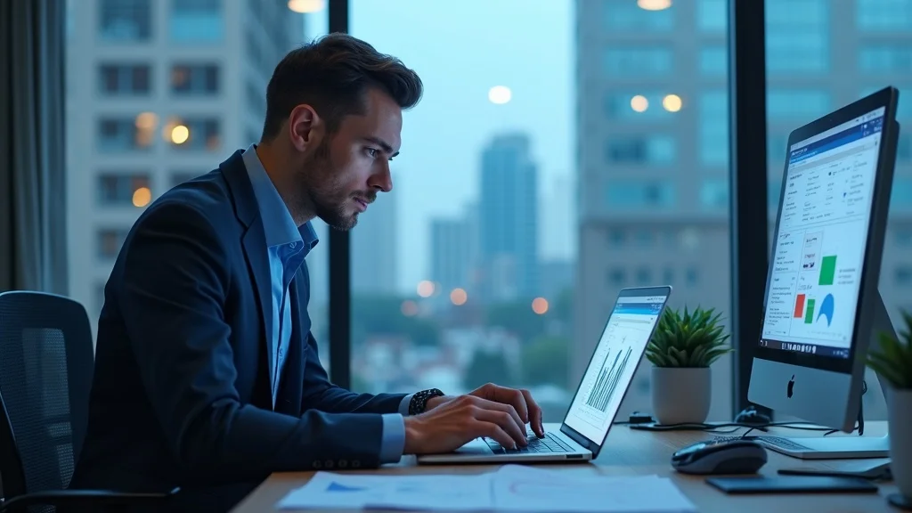 Professional contractor reviewing Google Business Profile and digital dashboard on laptop in modern office with construction blueprints.