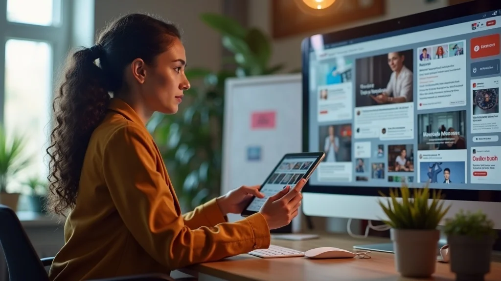 digital marketer comparing different content formats on tablet in creative workspace