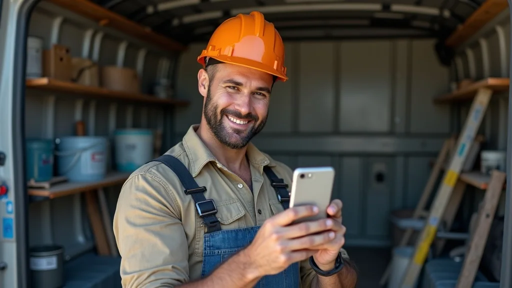 Smiling painting contractor verifying their Google Business Profile in a work van, optimizing painter business listing