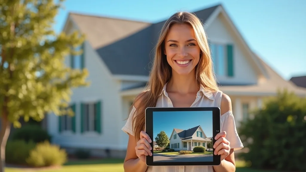 Confident painting professional outside a freshly painted home, smiling and holding a tablet displaying before-and-after images as part of a content marketing campaign for a painting business.