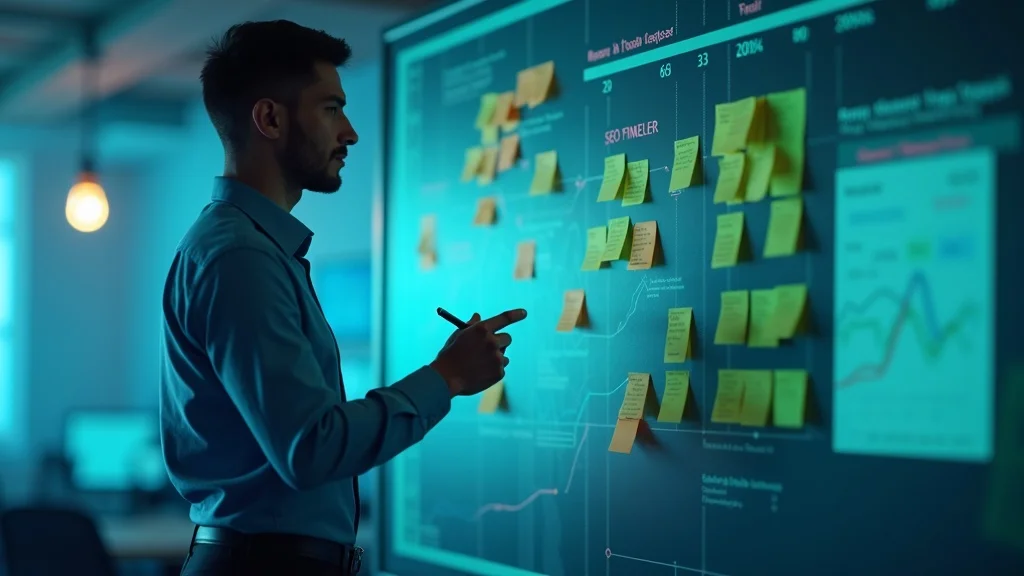 SEO consultant planning sustainable local SEO St Charles strategy with charts and digital dashboards in a creative office.