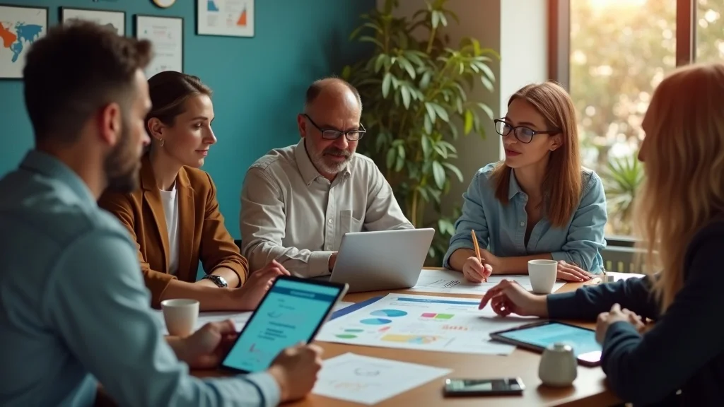 Small business team collaborating on AI-driven marketing strategies for website optimization