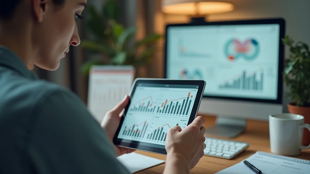 Focused marketer analyzing monthly performance dashboard — measuring content marketing results for home service businesses