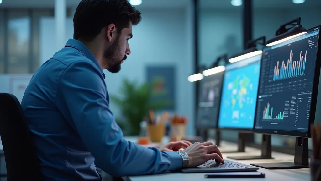 Office worker managing content marketing for painting businesses, typing on laptop with painting company branding and analytics dashboard in background. LED lighting, professional and focused.