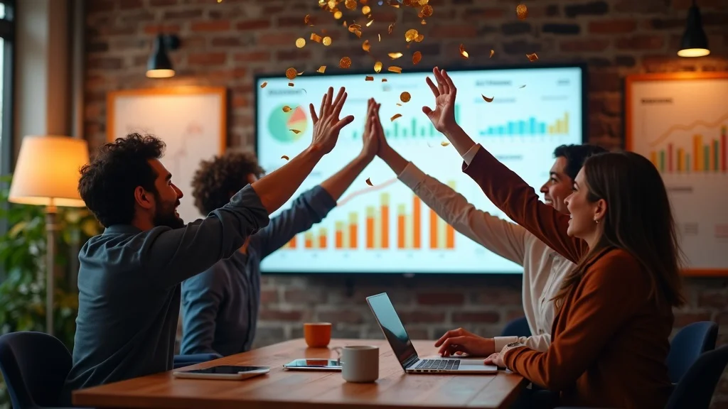 analytics team celebrating upward-trending charts in content marketing strategy meeting