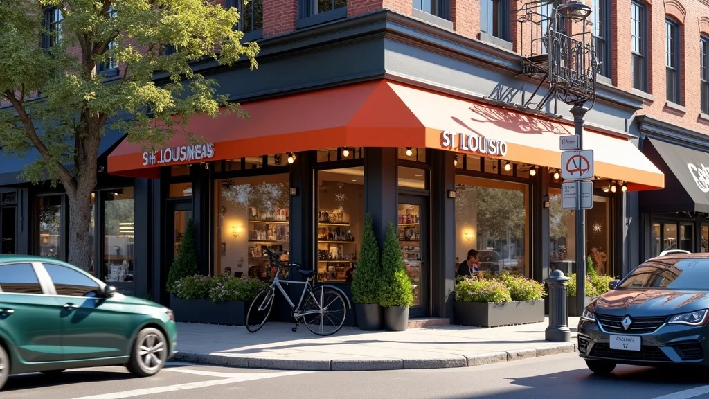 Modern St. Louis business storefront with prominent signage on a lively urban street - Google Business Profile Optimization St. Louis