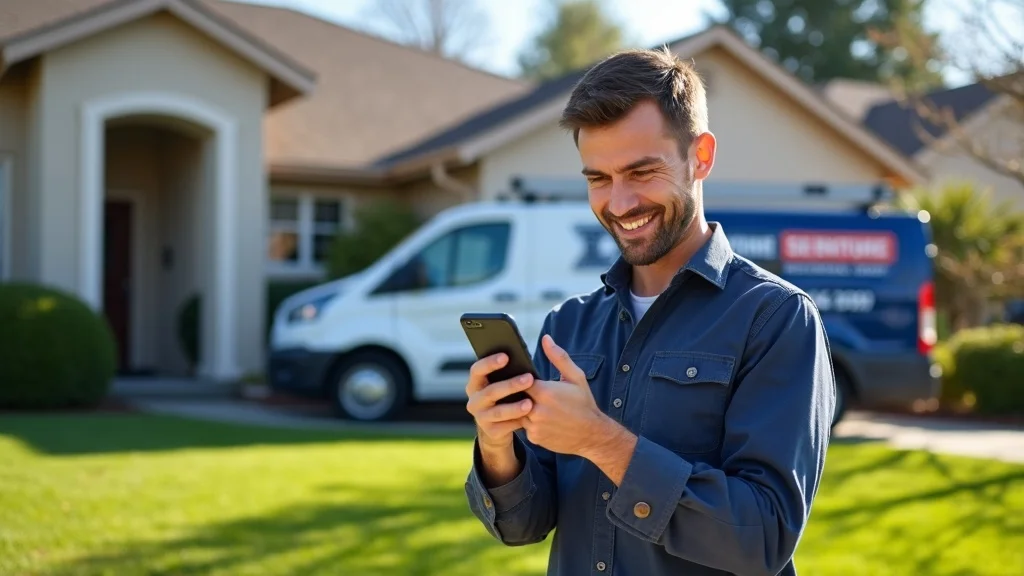 Active home service professional posting project update on smartphone—content marketing for home services in action, branded vehicle and fresh project in background