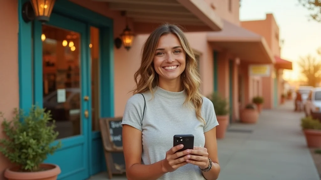 Albuquerque local business standing outside shop with Google Maps pin, showcasing local SEO AEO optimization