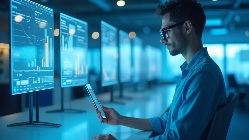 AI marketing automation dashboard with small business owner analyzing conversion analytics in a modern office setting