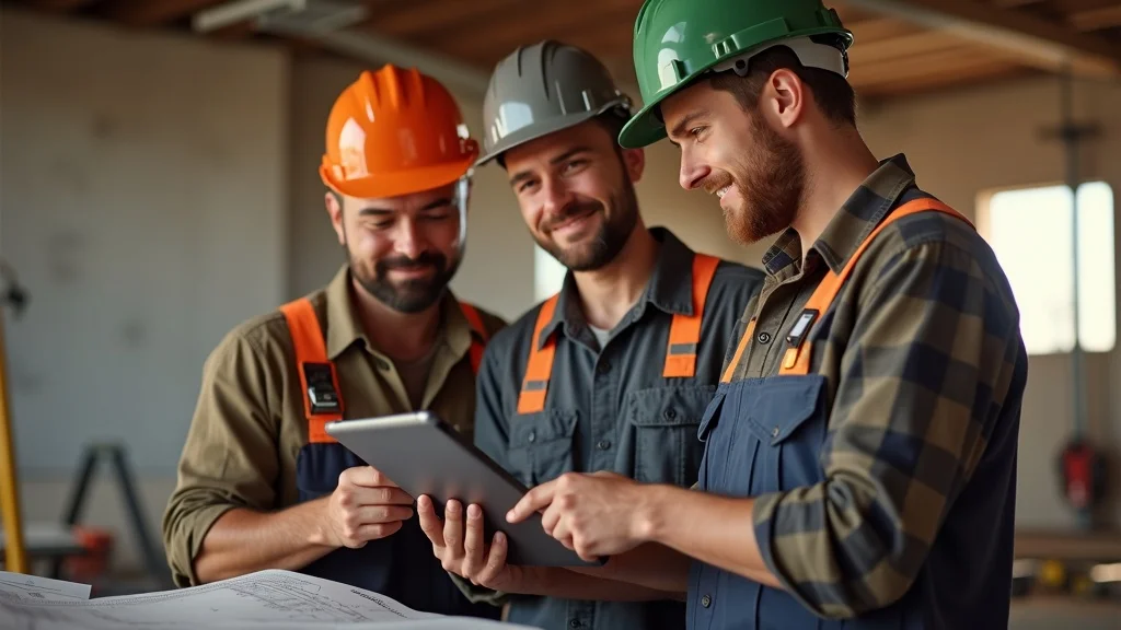 Diverse team of service contractors using AI chatbot on tablet to coordinate schedules and customer support