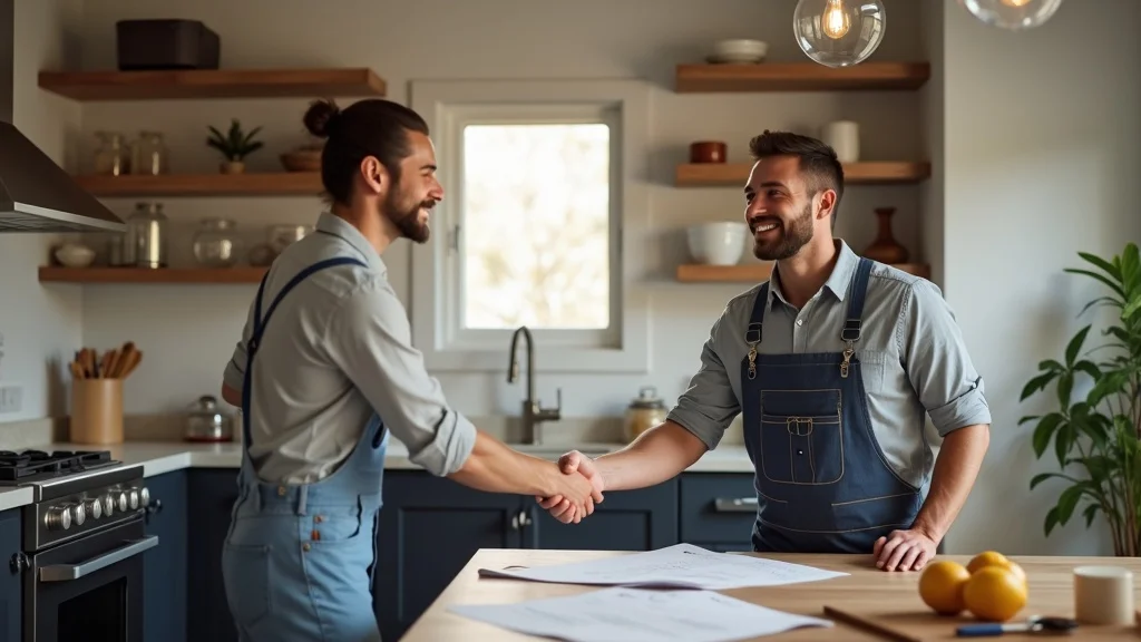 Remodeling contractor using AI chatbot system, shaking hands with happy client in a modern kitchen