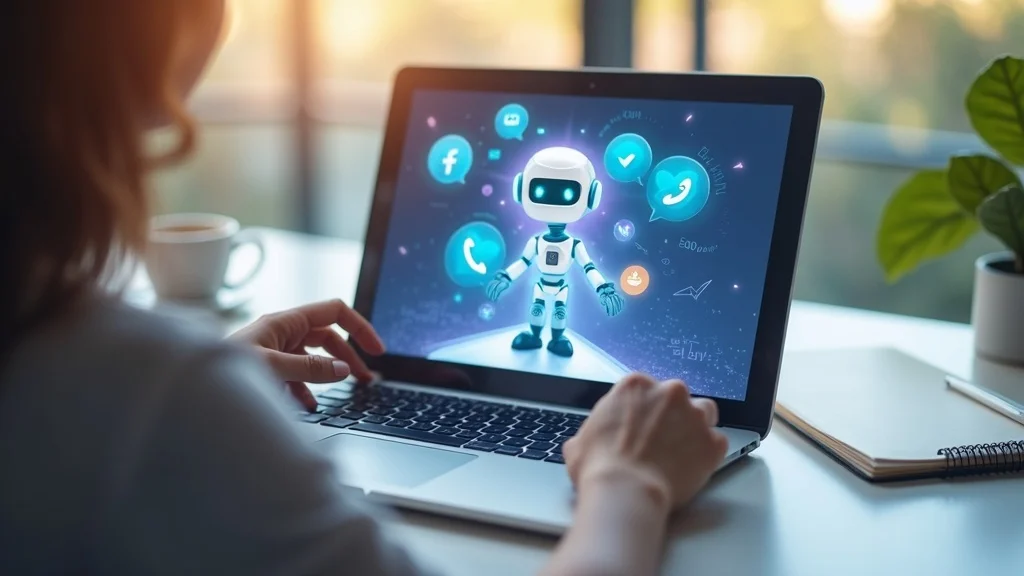 AI chatbot avatar in Messenger, Instagram DM, LinkedIn chat windows on smart devices, photorealistic, social media notification, sunlit desk