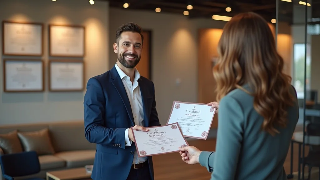 Marketing consultant presenting lead generation certifications and credentials to a small business, building trust.