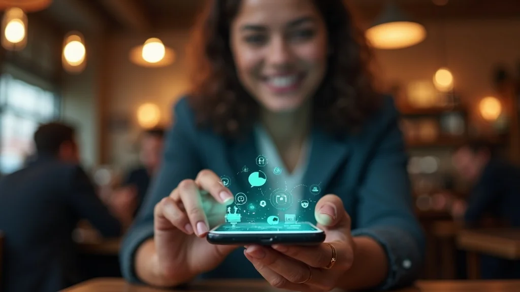 AI chatbot for digital lead nurturing on entrepreneur's smartphone in St Louis coffee shop