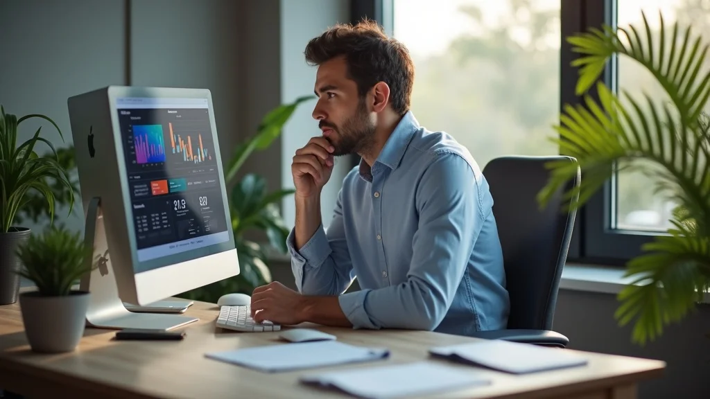 Small business owner reviewing website analytics for lead generation services, surrounded by local branding and digital performance dashboards.