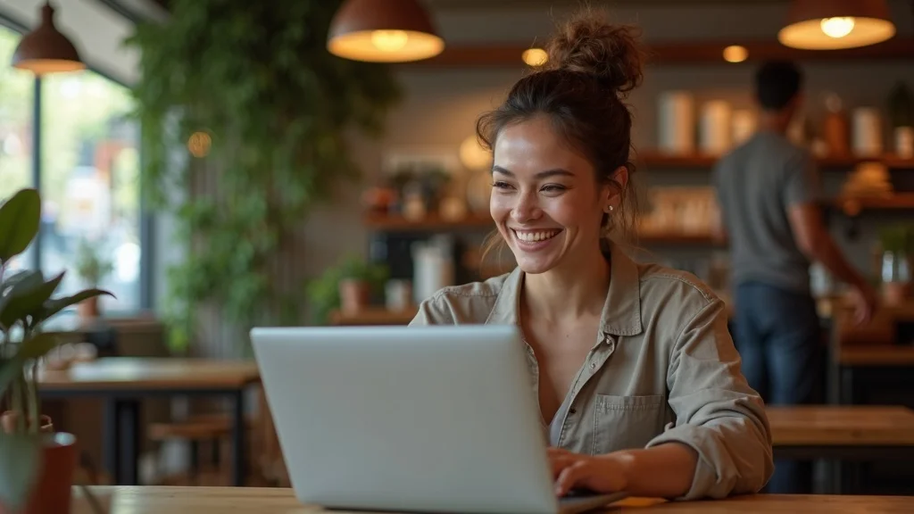 Modern local business owner using AI chatbot for content marketing services in a St Charles café