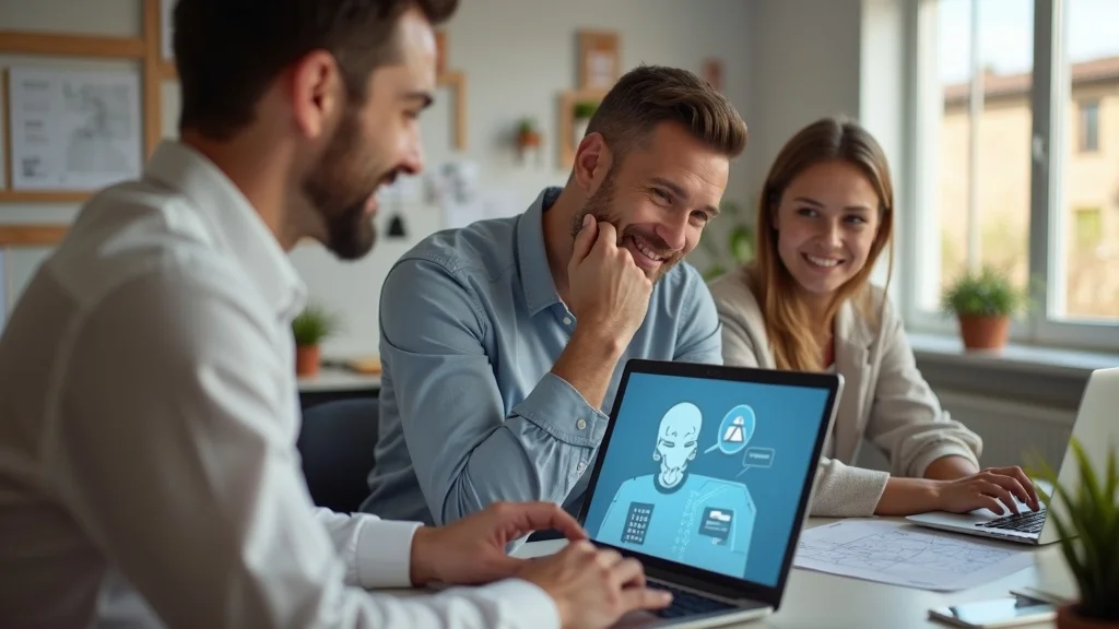 Home remodeler using AI chatbot on desktop, happy team, office tools and plans, photorealistic, inviting workspace