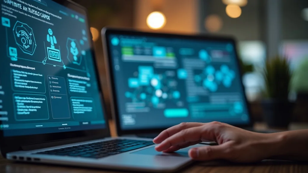 AI chatbot setup for a local contractor: desk, laptop, chatbot configuration screen, photorealistic, bright local business office