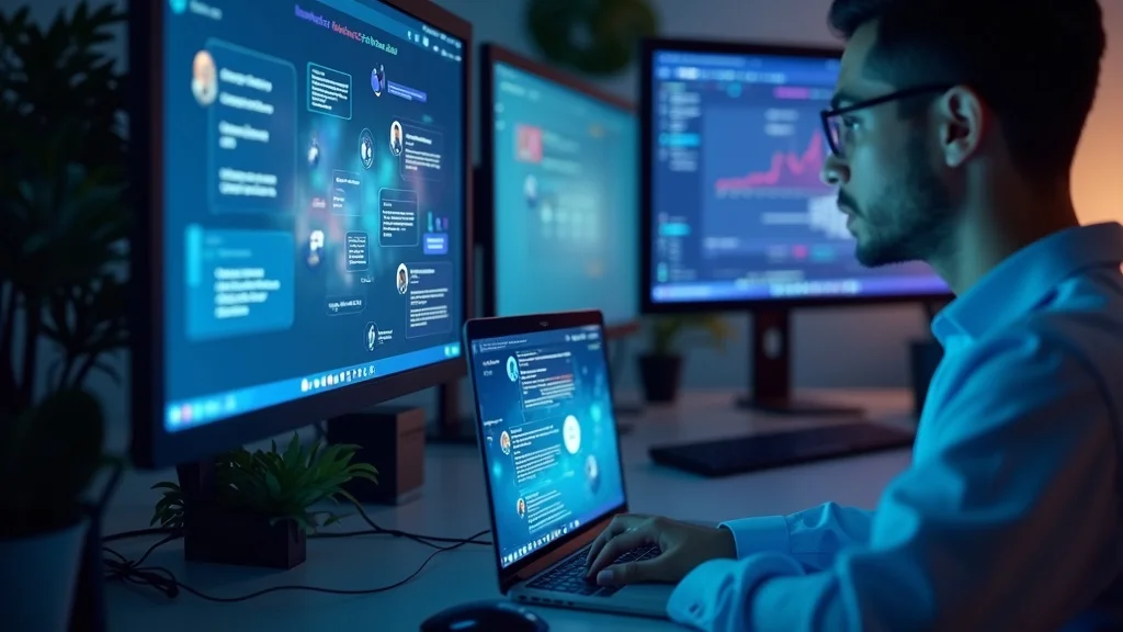 Showcase of top AI chatbots (ChatGPT, Google Gemini, Meta AI) on various devices, photorealistic, digital workspaces, chatbot conversations