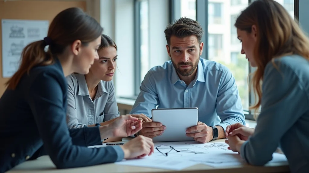 Insightful business team analyzing lead response workflow with AI chatbots on digital screens, construction blueprints in background, photorealistic, modern office
