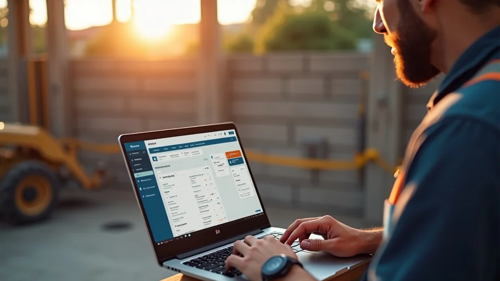 Service contractor using an AI chat interface on a laptop at a job site to automate appointment scheduling